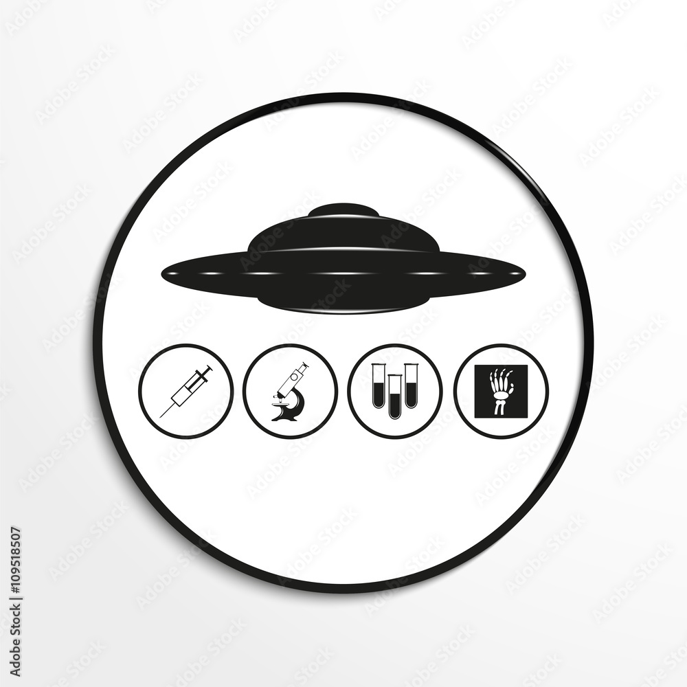Unidentified flying object, and medical experiments on human beings. Vector illustration. Black and white view. Unidentified flying object, and medical experiments on human beings. Vector illustration. Black and white view.