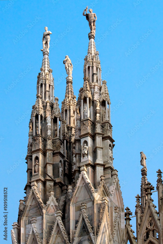 Close-up view of some spires of the Duomo Cathedral