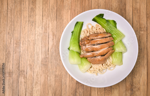 Ramen with chicken teriyaki and Bok Choy, Pak Choi Cabbage on wo