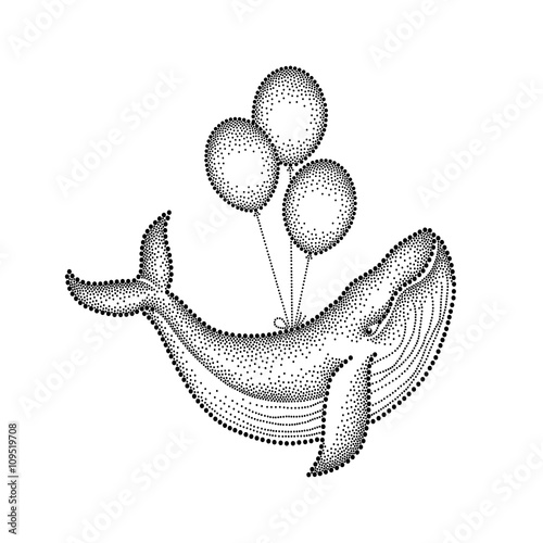 Vector illustration of dotted humpback whale and three air balloons in black isolated on white background. Maritime theme with whale for summer design. Concept with whale in dotwork style for tattoo.