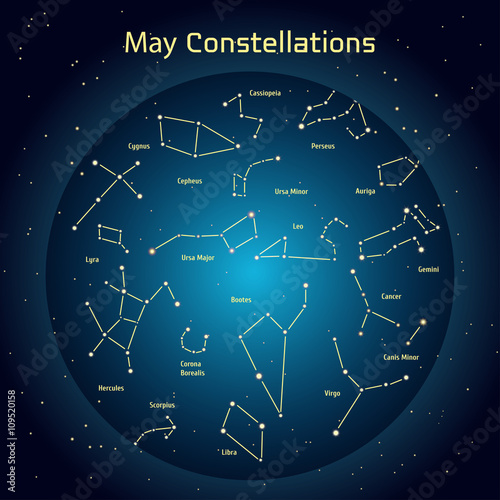 Vector illustration of the constellations of the night sky in May. Glowing a dark blue circle with stars in space Design elements relating to astronomy and astrology