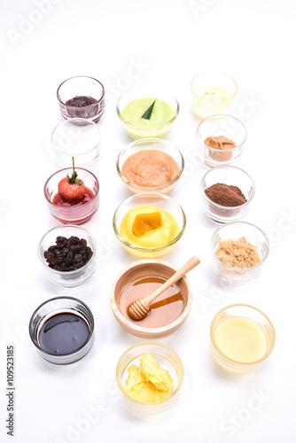 bread appetizer set. various custard, yam, honey, chocolate and