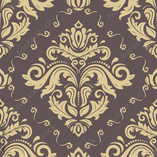 Damask seamless ornament. Traditional brown and golden pattern. Classic oriental background for design and decorate