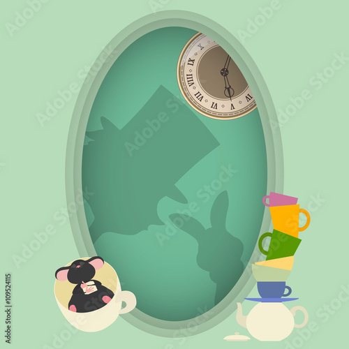 Alice in Wonderland. Mad tea party. Hatter, Dormouse, White Rabbit.
