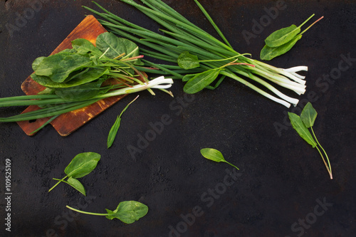  leaves of sorrel and green onion on cutting board on a dark ba
