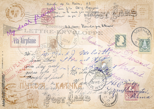 vintage grunge background with a set of postage-stamps and stams.vector illustration