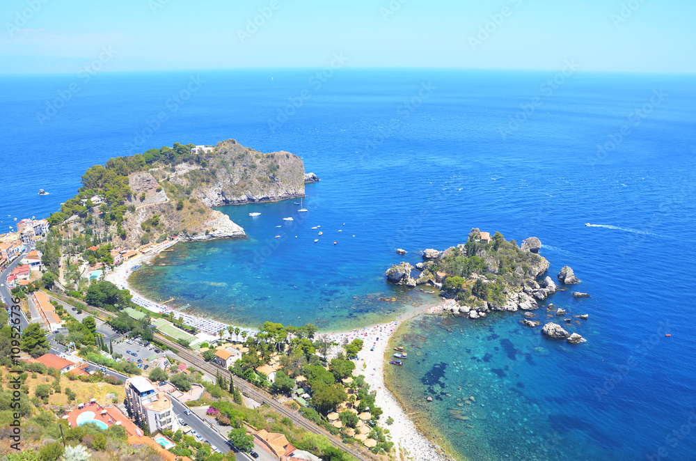 Panoramic view of Isola Bella island and beach. Taormina, Sicily, Italy
