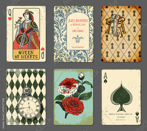 Alice in Wonderland Cards - Set of cards illustrating famous novel by Lewis Carroll, including Queen of Hearts, white roses painted red, White Rabbit's clock, book title page and keyhole wall photo