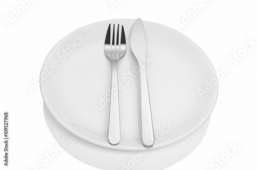 Dining etiquette - the meal is over or finished. Fork and knife signals with location of cutlery set. Photo illustration isolated on white background.