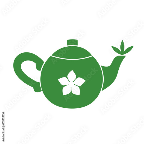Teapot. Jasmine Green tea room logo. Organic hot drink label design. Green tea leaves isolated. Jasmine flower. Herbal Tea room emblem isolated concept. Vector illustration