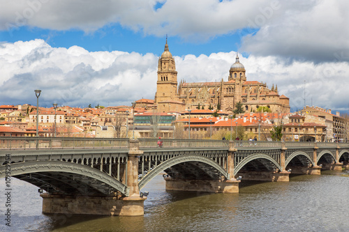 Salamanca - The Cathedral and bridge Puente Enrique Estevan Avda and the Rio Tormes river.