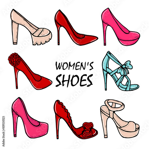 Beautiful hand drawn women's high heel shoes. Fashionable women's shoes. Beauty, trend. Sketch illustration. Vector isolated objects.