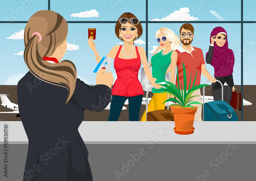 airport receptionist returns ticket to woman standing in queue