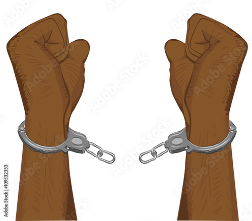 Male hands breaking steel handcuffs