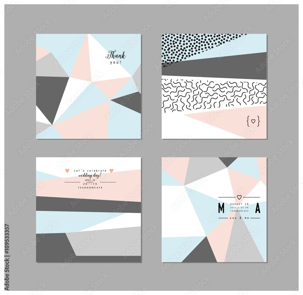 Set of  creative universal cards with geometric shapes and gentle colors. Vector