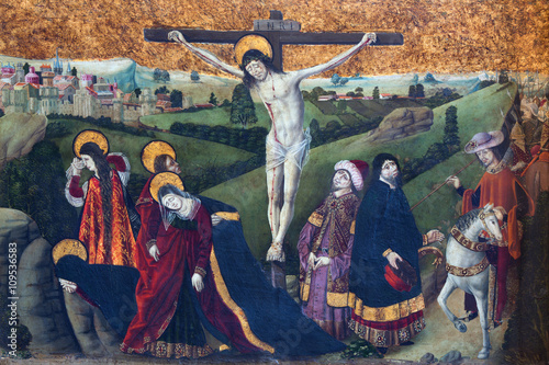 AVILA, SPAIN, APRIL - 18, 2016: The Gothic paint of the Crucifixion in Catedral de Cristo Salvador from 15. cent. (early from destructed church of San Lazaro).
