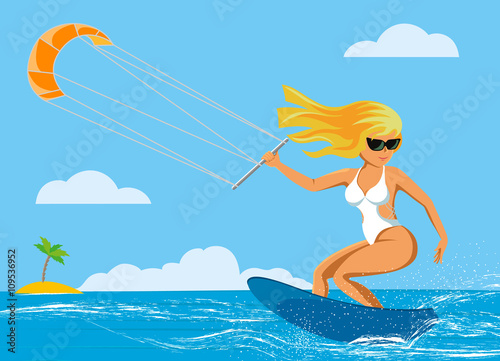 The girl riding the kite in the sea