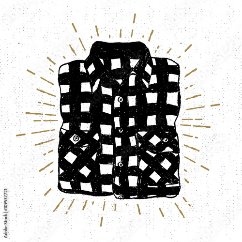 Hand drawn vintage icon with a textured plaid shirt vector illustration.