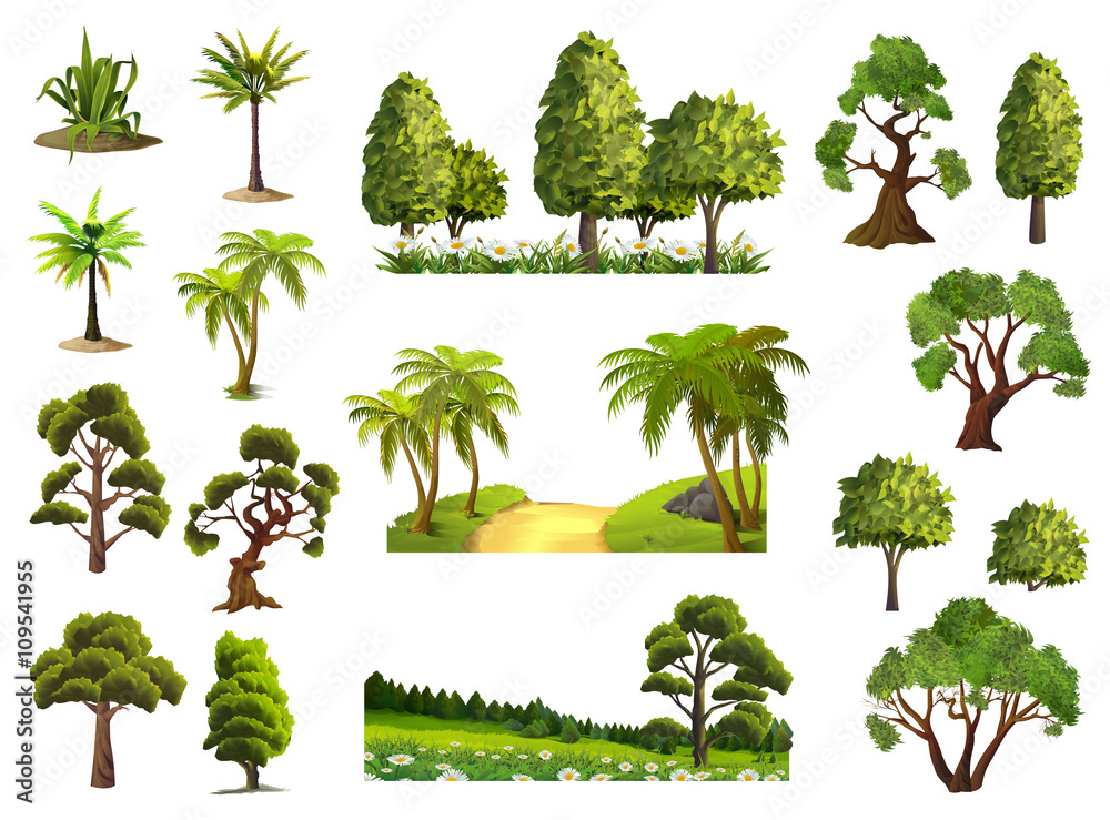 Trees, nature, forest, vector icons set - obrazy, fototapety, plakaty 