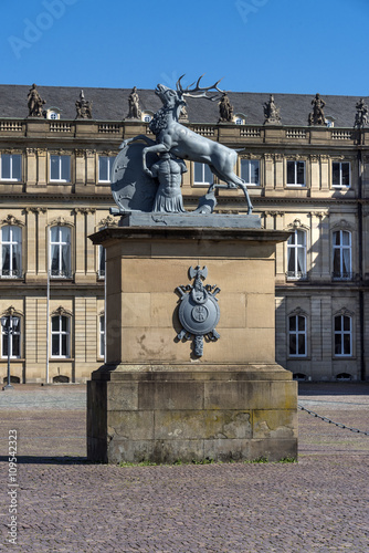 Stuttgart, Germany: Deer sculpture with crest in front of the main entrance of the New Castle (Neues Schloss) in the capital of Baden-Wuerttemberg