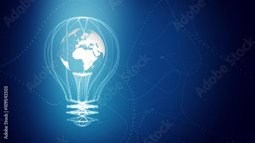 Bulb with the world inside concept design, blue abstract background. digital animation. Seamless loop, repeat from second 4.