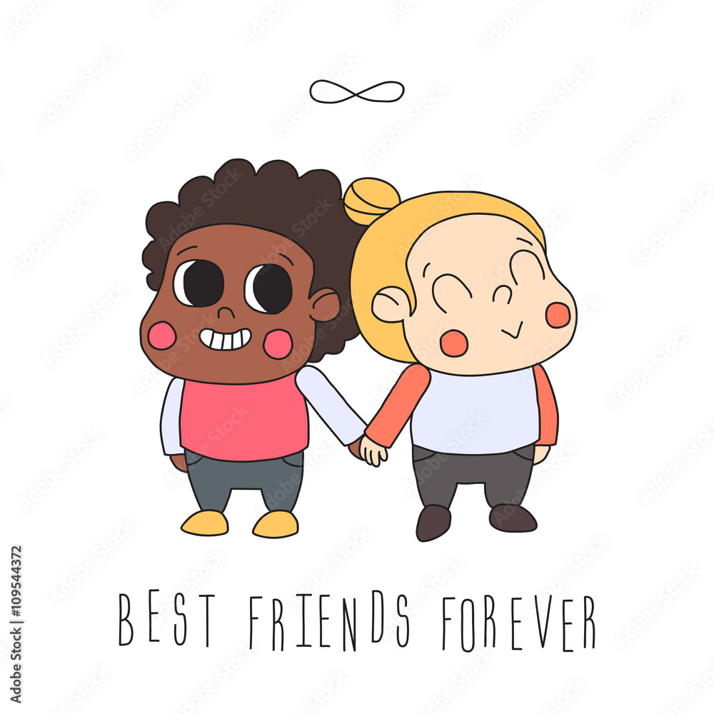 Girl friendship illustration (greeting card) with two girls and infinity  symbol. Best friends forever. Cute naive style. Stock Vector | Adobe Stock