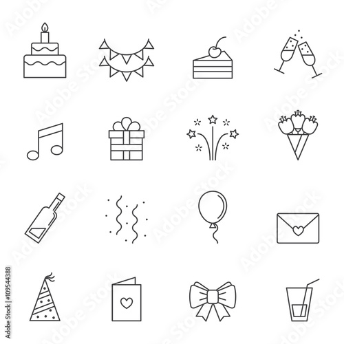 Happy birthday party vector icons set. Modern outline minimalistic design.