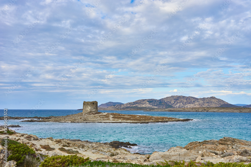 Tower on island at north beach of Sardinia / Beach 