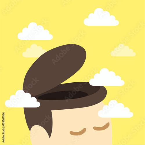 Vector illustration of a man with open head surround with cloud like to open his mind and relax