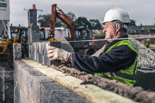 Workers laying bricks on construction site