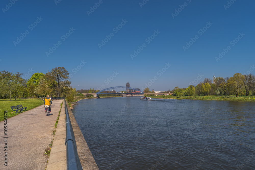 View on Magdeburg city and Elbe in Spring, Magdeburg, Germany View on Magdeburg city and Elbe in Spring, Magdeburg, Germany