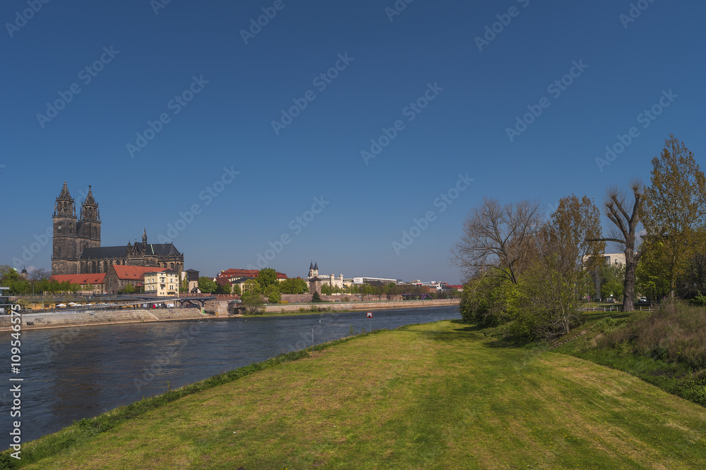 View on Magdeburg city and Elbe in Spring, Magdeburg, Germany