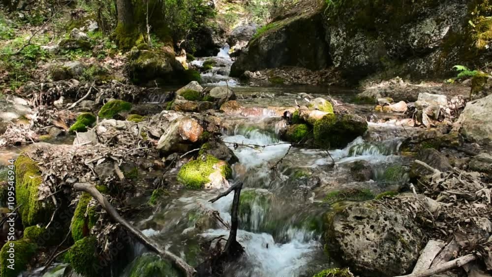 A river flows over rocks in this beautiful scene. Forest stream running over mossy rocks. Pure fresh water waterfall in forest. A river flows over rocks in this beautiful scene. Forest stream running over mossy rocks. Pure fresh water waterfall in forest.