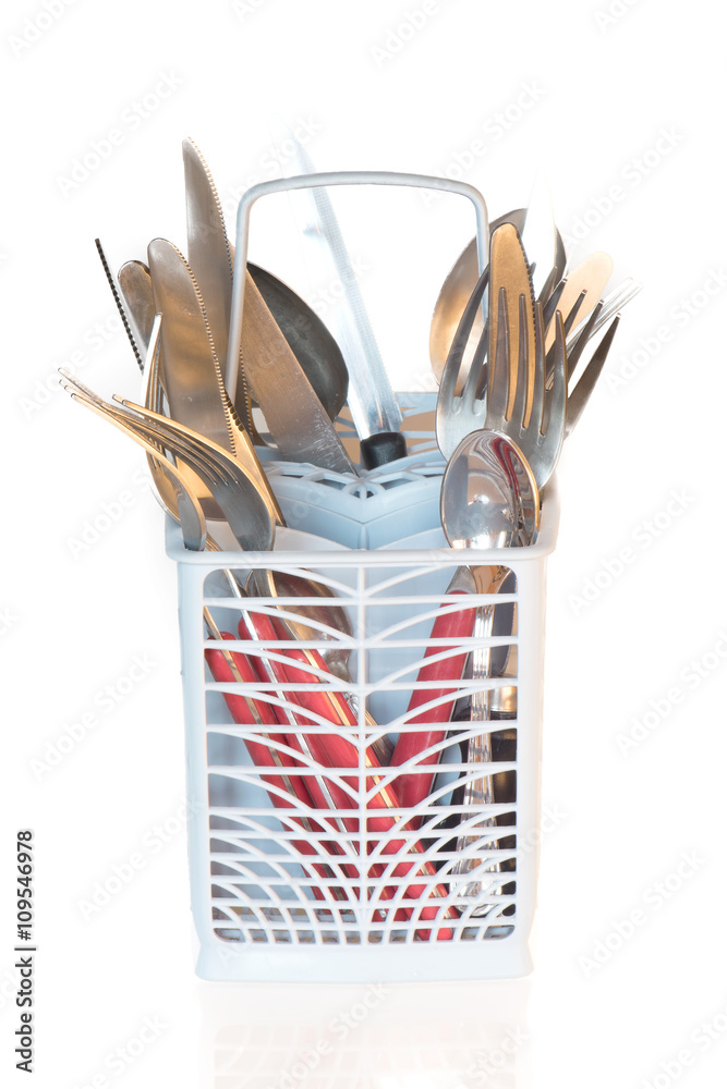 dishwasher basket, with knives, forks and spoons to be washed dishwasher basket, with knives, forks and spoons to be washed