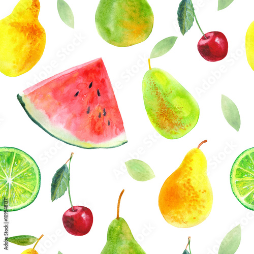 Seamless pattern with fruit.Watermelon lemon lime pears and cherry.Food picture.Watercolor hand drawn illustration.