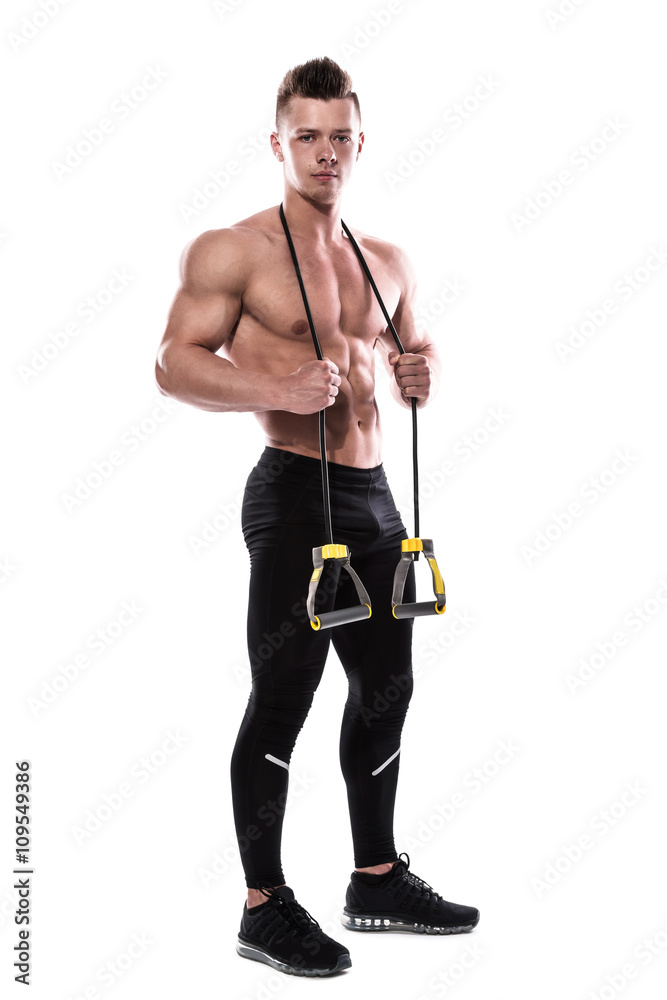 Bodybuilder working out with rubber band over white background Bodybuilder working out with rubber band over white background