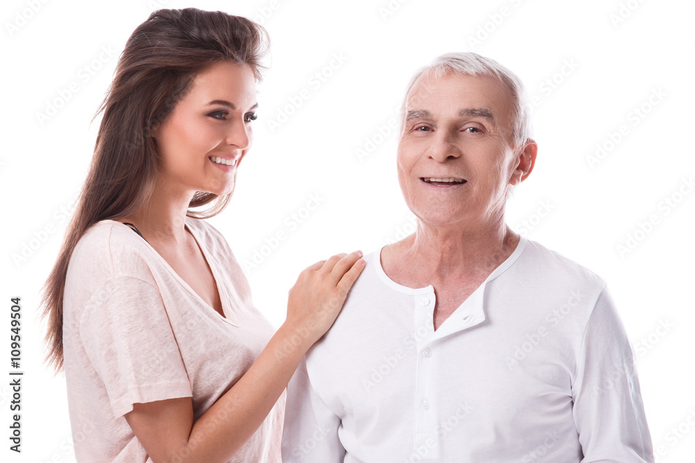 A Happy elderly man and his beautiful daughter A Happy elderly man and his beautiful daughter