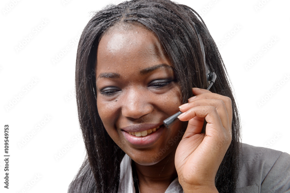 portrait of smiling cheerful african support phone operator in h portrait of smiling cheerful african support phone operator in h