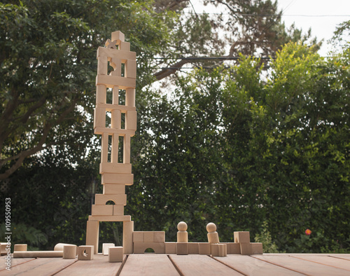 Wooden structure made from building blocks, outdoors photo