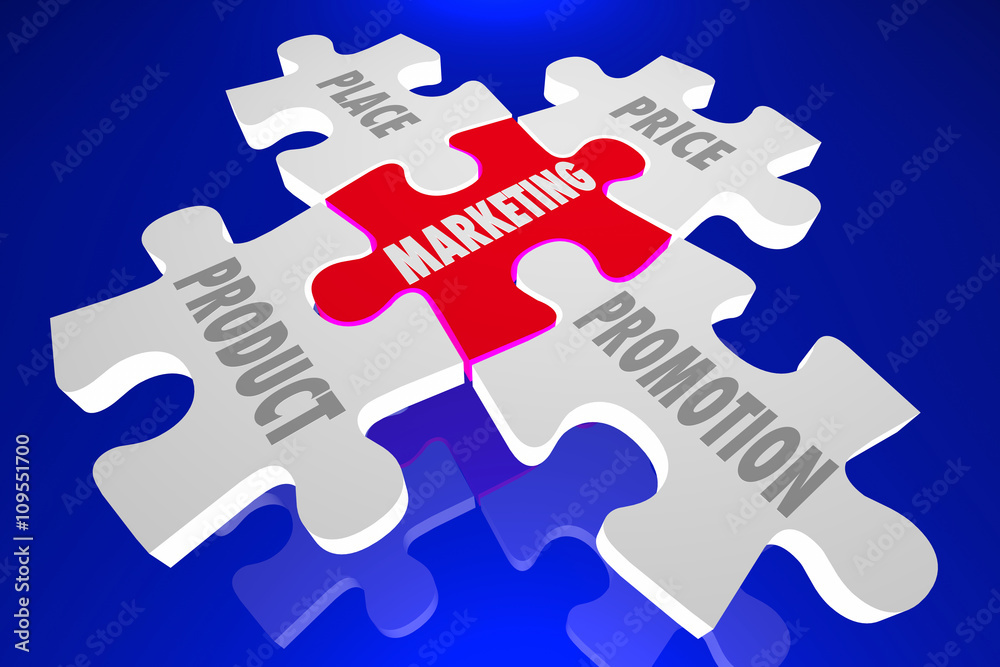 Fototapeta premium Marketing Product People Place Promotion Puzzle Pieces 3d Illust