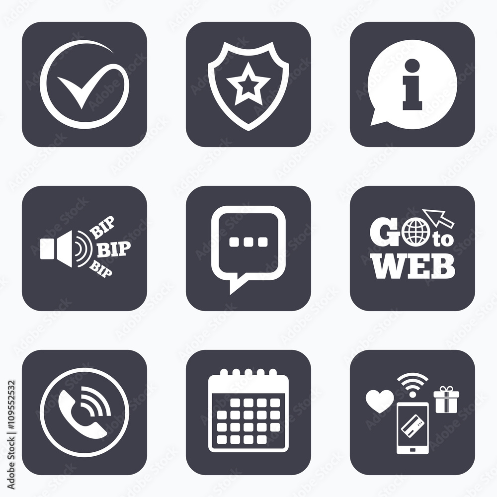 Check or Tick. Phone call and Information sign. Check or Tick. Phone call and Information sign.