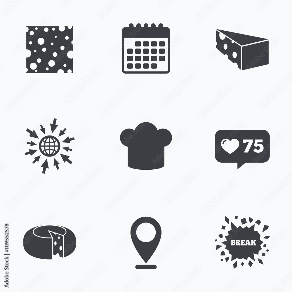 Cheese sign. Sliced food with chief hat icons. Cheese sign. Sliced food with chief hat icons.