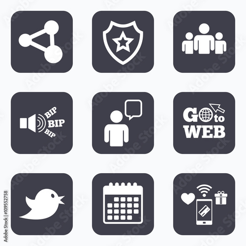 Group of people and share icons. Speech bubble.