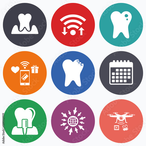 Dental care icons. Caries tooth and implant.