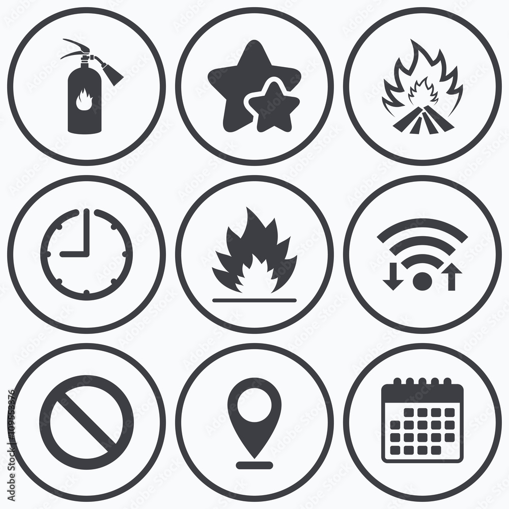 Fire flame icons. Prohibition stop symbol. Fire flame icons. Prohibition stop symbol.