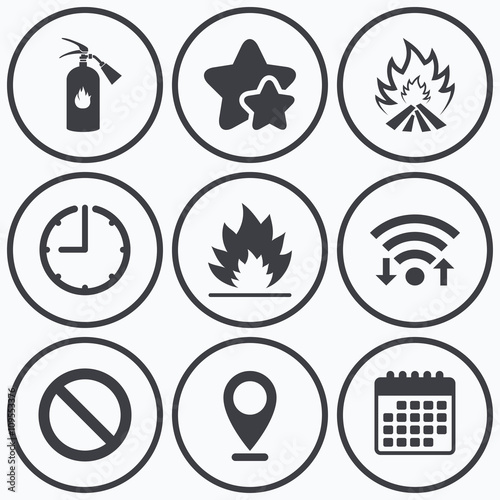 Fire flame icons. Prohibition stop symbol.