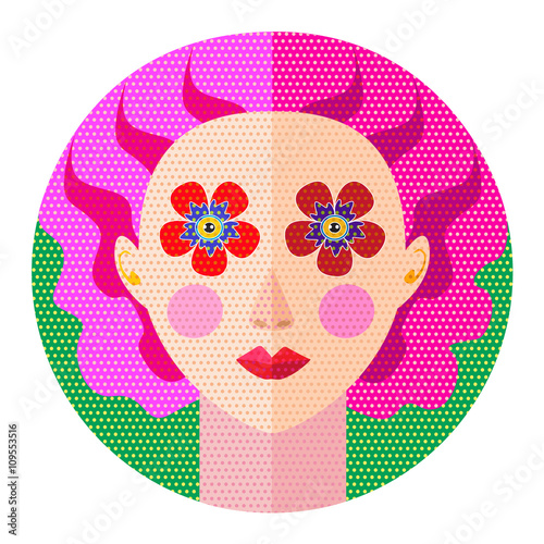 beautiful young girl florist with pink hair and floral eyes flat design vector illustration for logo or greeting card