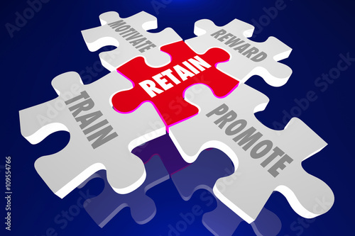 Obraz na plátně Retain Employees Train Motivate Reward Promote Puzzle Pieces 3d