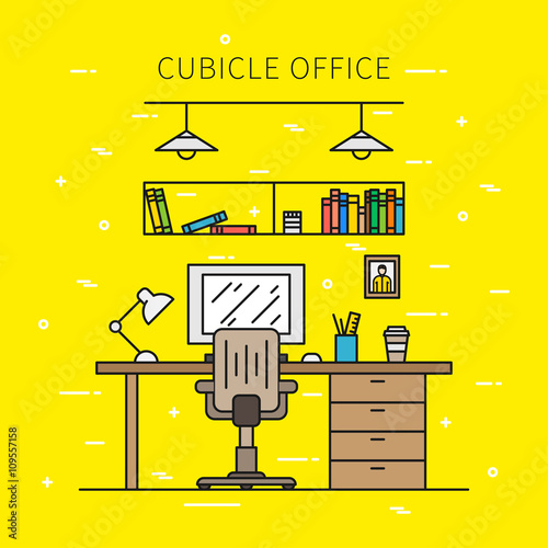 Working place with furniture and equipment (lamp, desktop, table, chair) line vector illustration with yellow background. Ergonomic workplace creative concept.