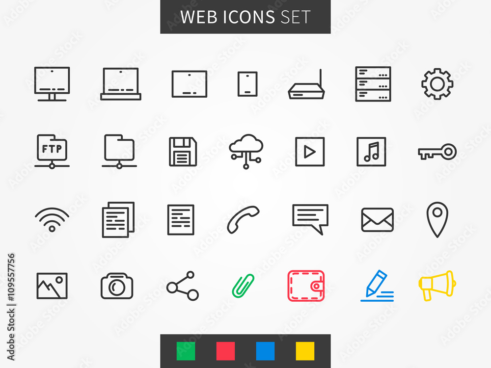 Web icons vector set. User interface icons (laptop, tablet, server, mobile, document, etc). Internet icons creative line concept.
Web icons vector set. User interface icons (laptop, tablet, server, mobile, document, etc). Internet icons creative line concept.